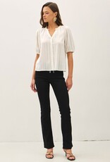 Miss Bliss BC Linen Blended Ruffle Trim Front Tie Blouse- White