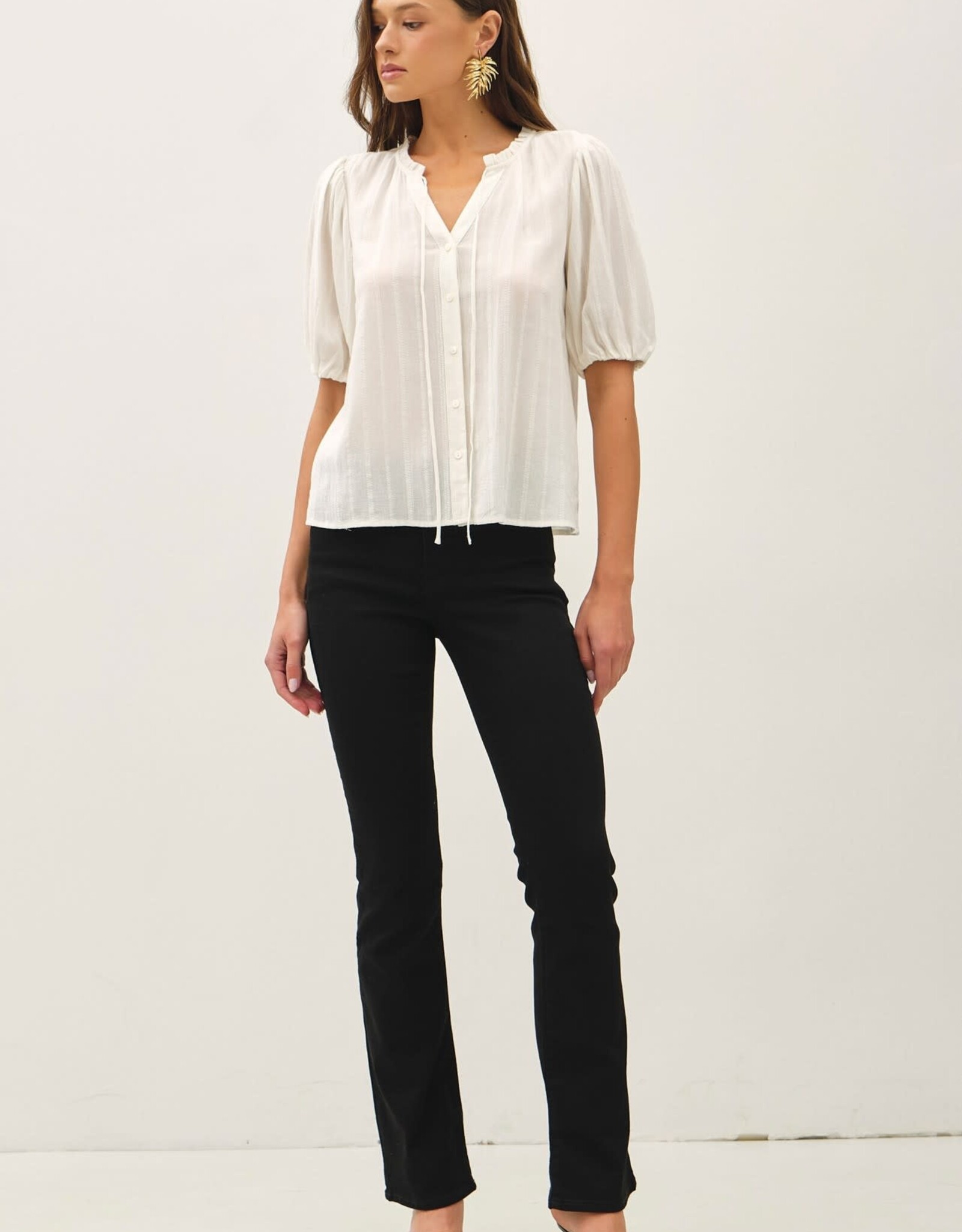 Miss Bliss BC Linen Blended Ruffle Trim Front Tie Blouse- White