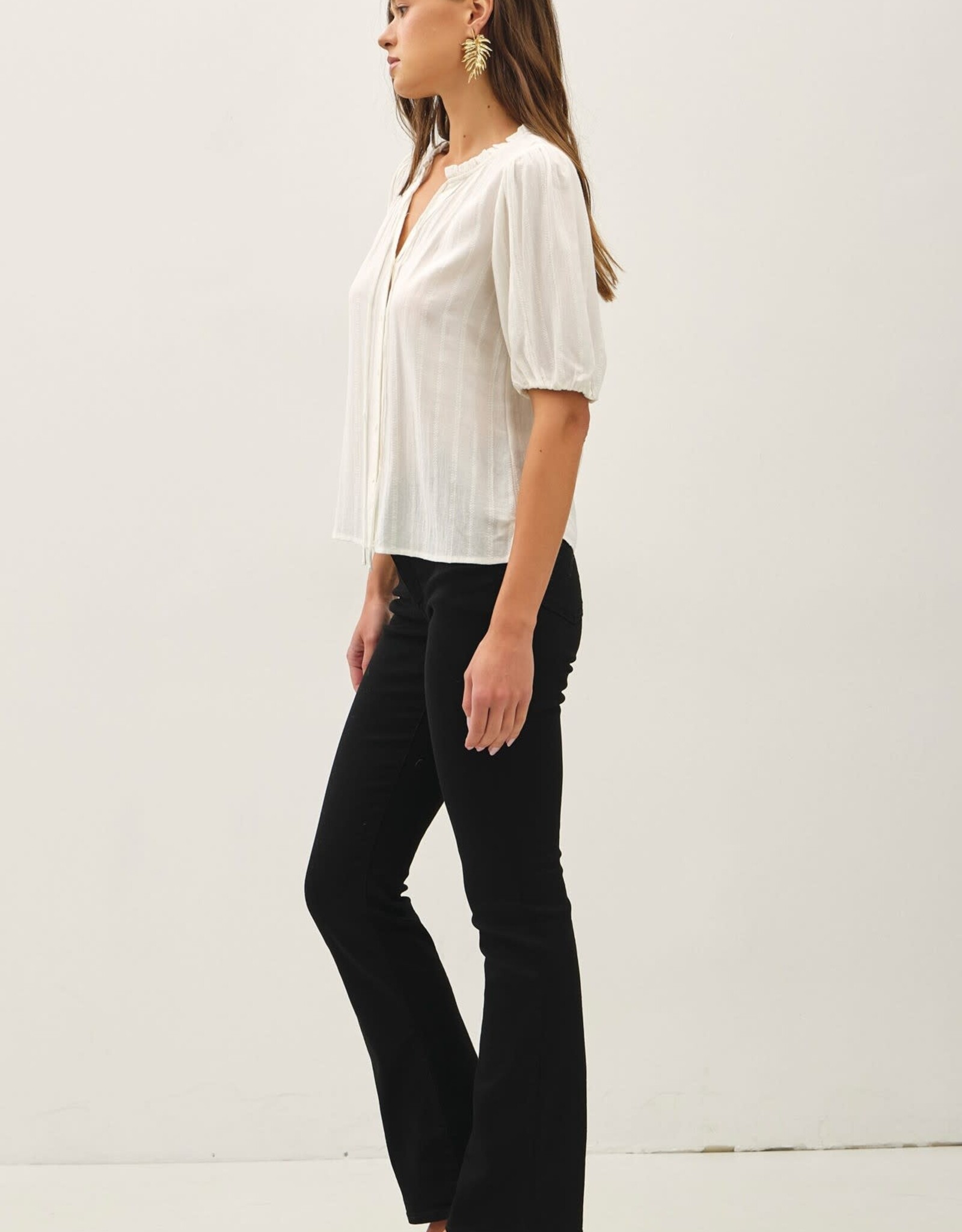 Miss Bliss BC Linen Blended Ruffle Trim Front Tie Blouse- White