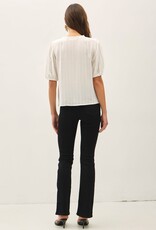 Miss Bliss BC Linen Blended Ruffle Trim Front Tie Blouse- White