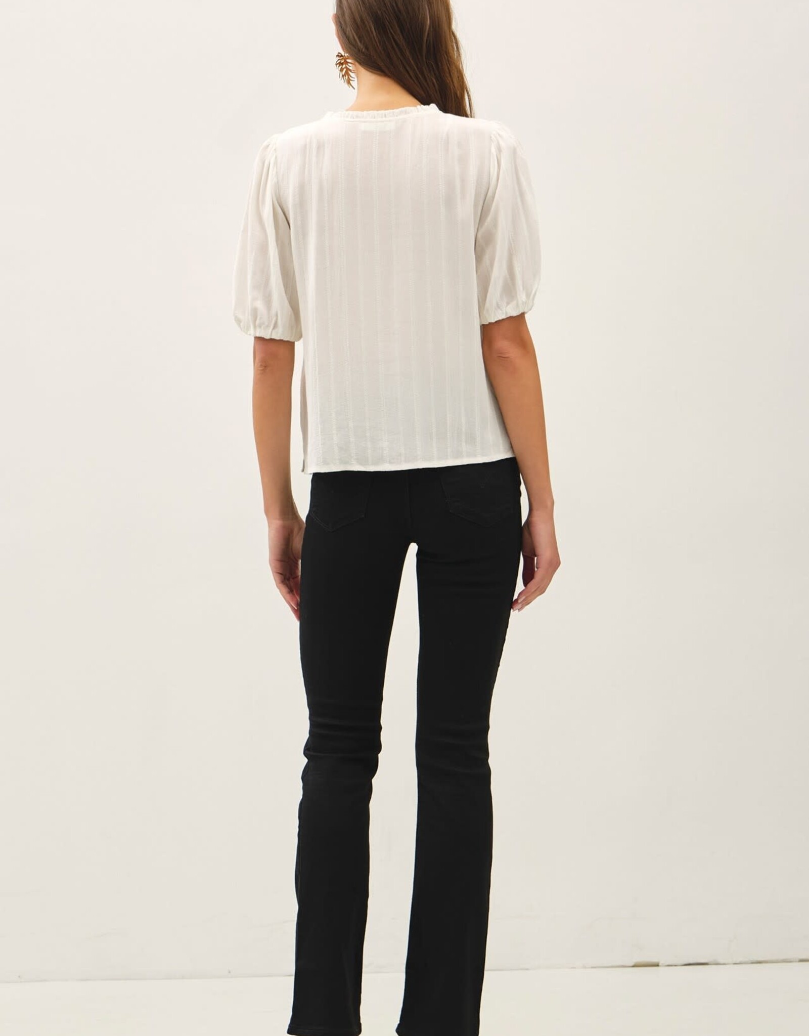 Miss Bliss BC Linen Blended Ruffle Trim Front Tie Blouse- White