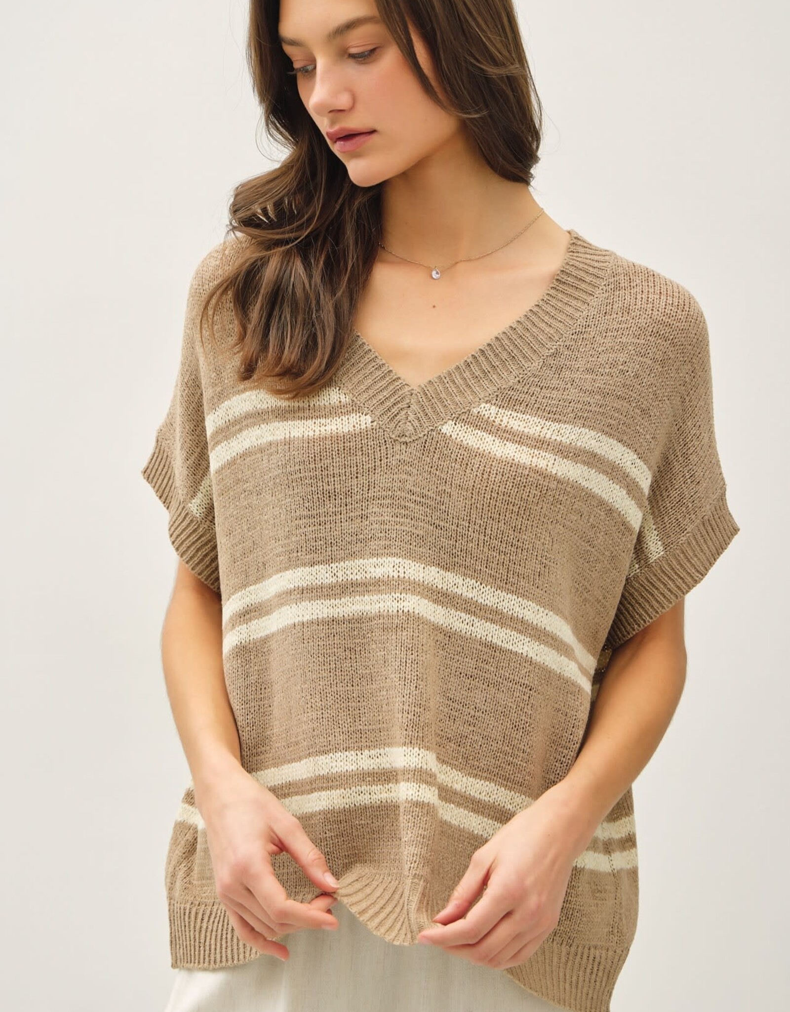 Miss Bliss BC Striped V-neck Sweater- Taupe