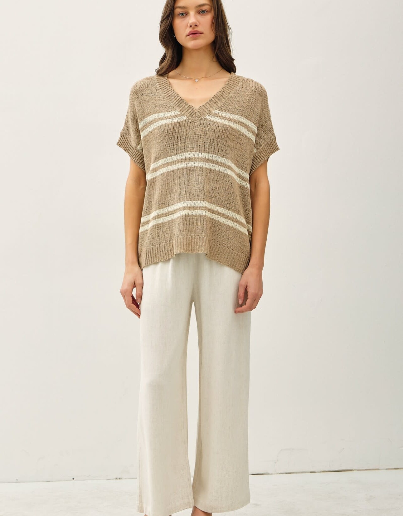 Miss Bliss BC Striped V-neck Sweater- Taupe