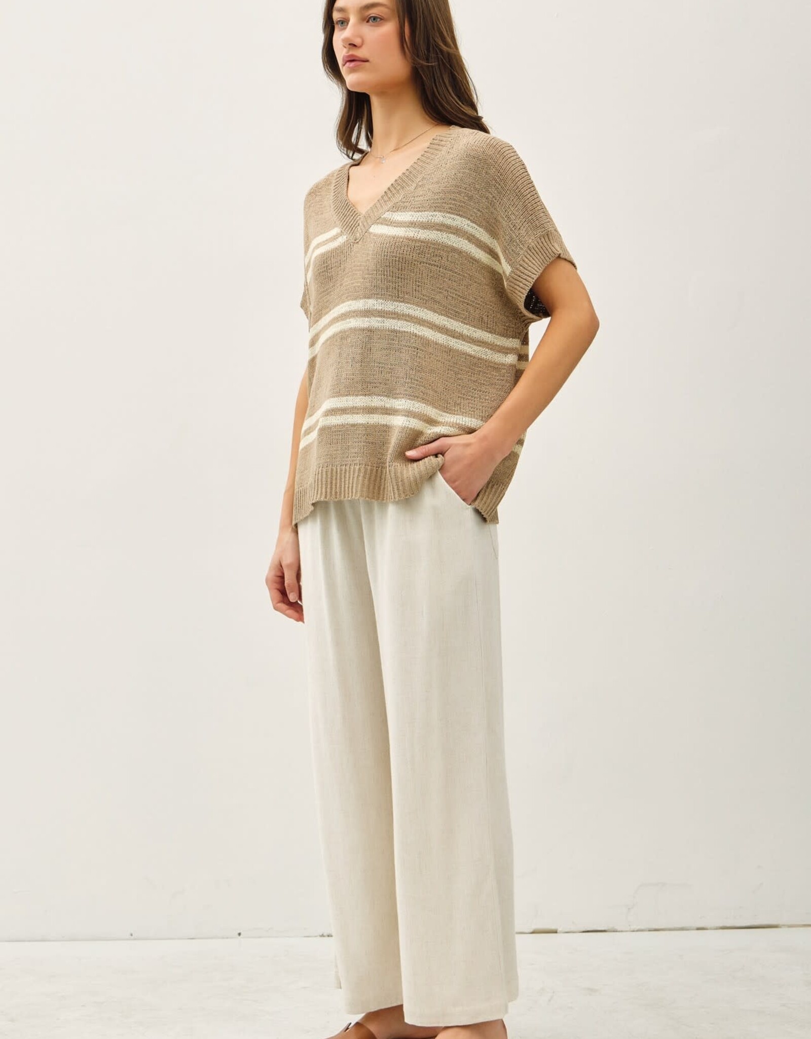 Miss Bliss BC Striped V-neck Sweater- Taupe