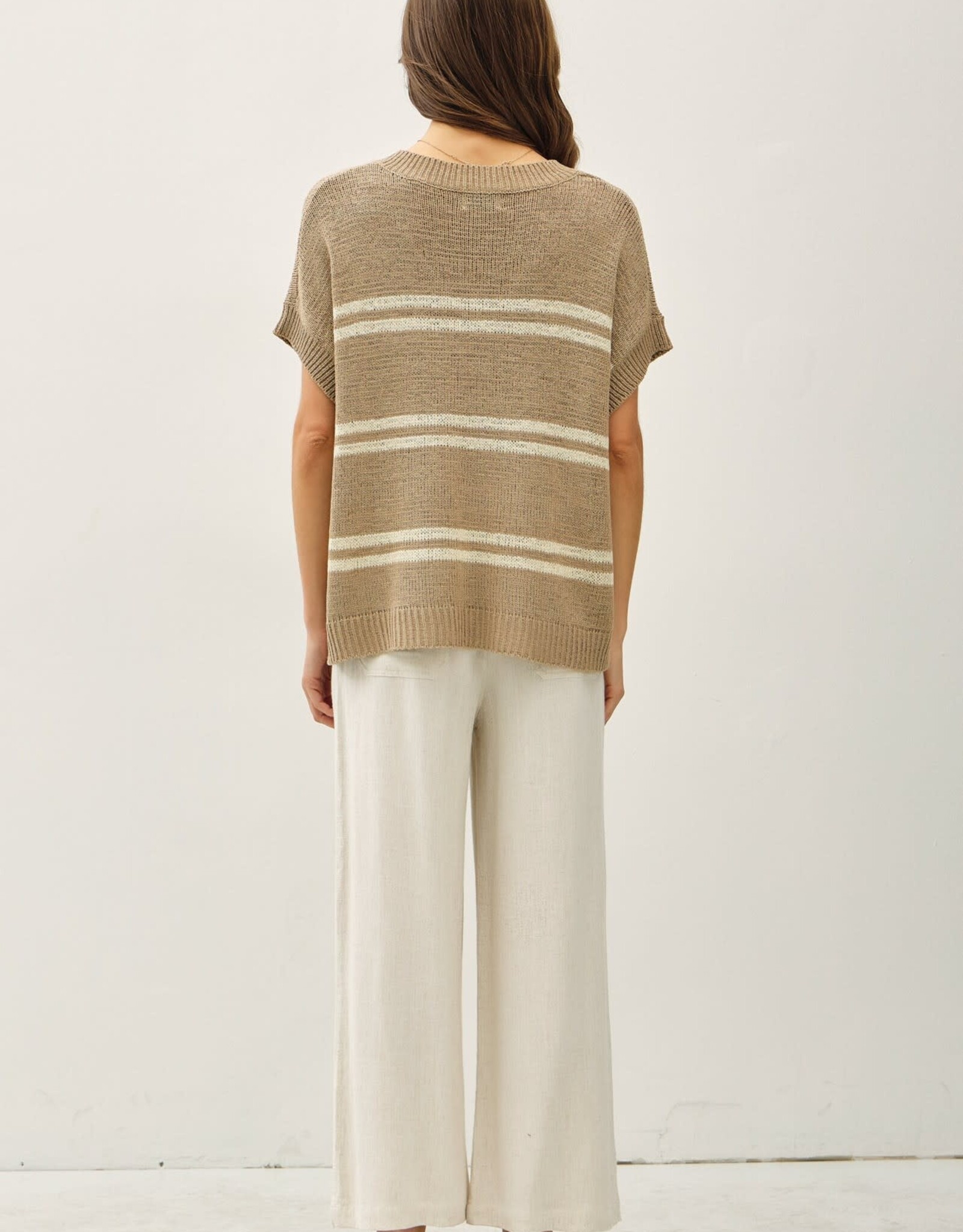 Miss Bliss BC Striped V-neck Sweater- Taupe
