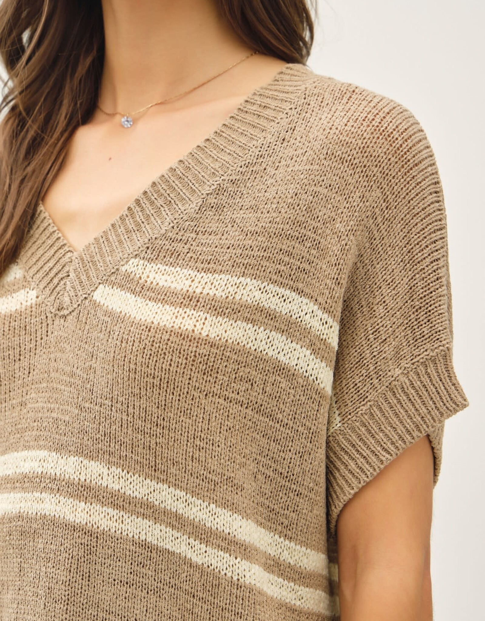 Miss Bliss BC Striped V-neck Sweater- Taupe