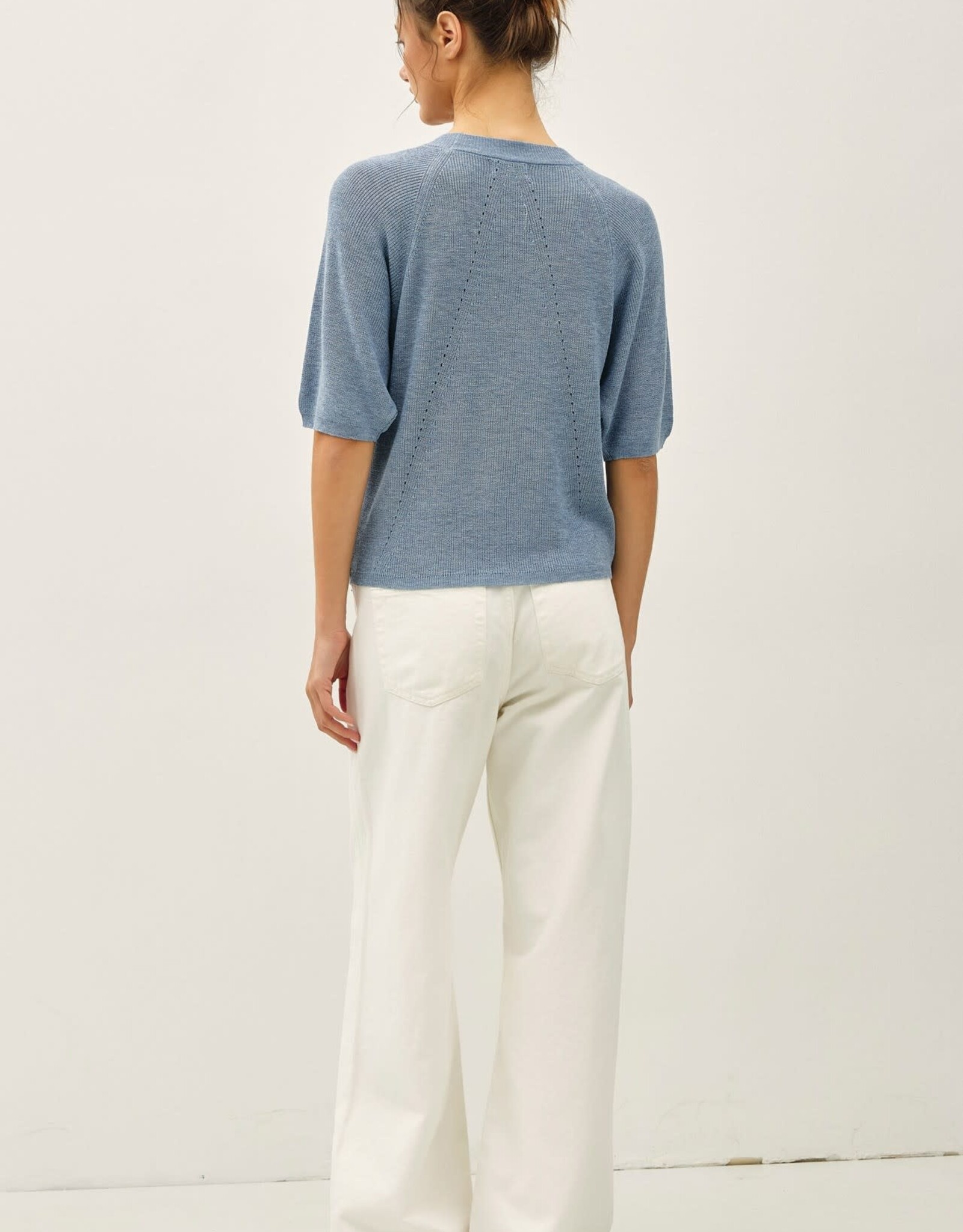 Miss Bliss BC Ribbed Knit Raglan Short Sleeve Sweater Top- Slate Blue