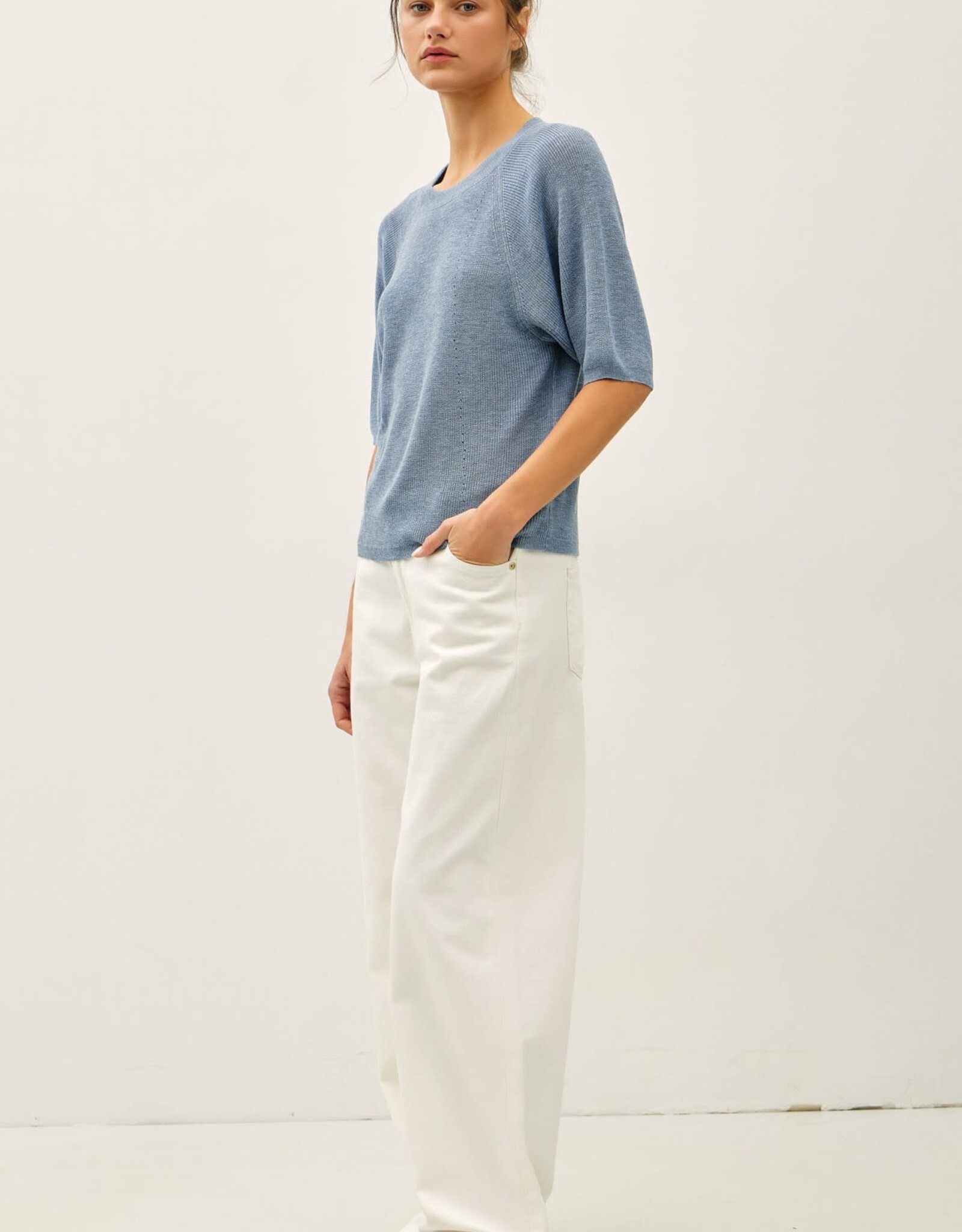 Miss Bliss BC Ribbed Knit Raglan Short Sleeve Sweater Top- Slate Blue