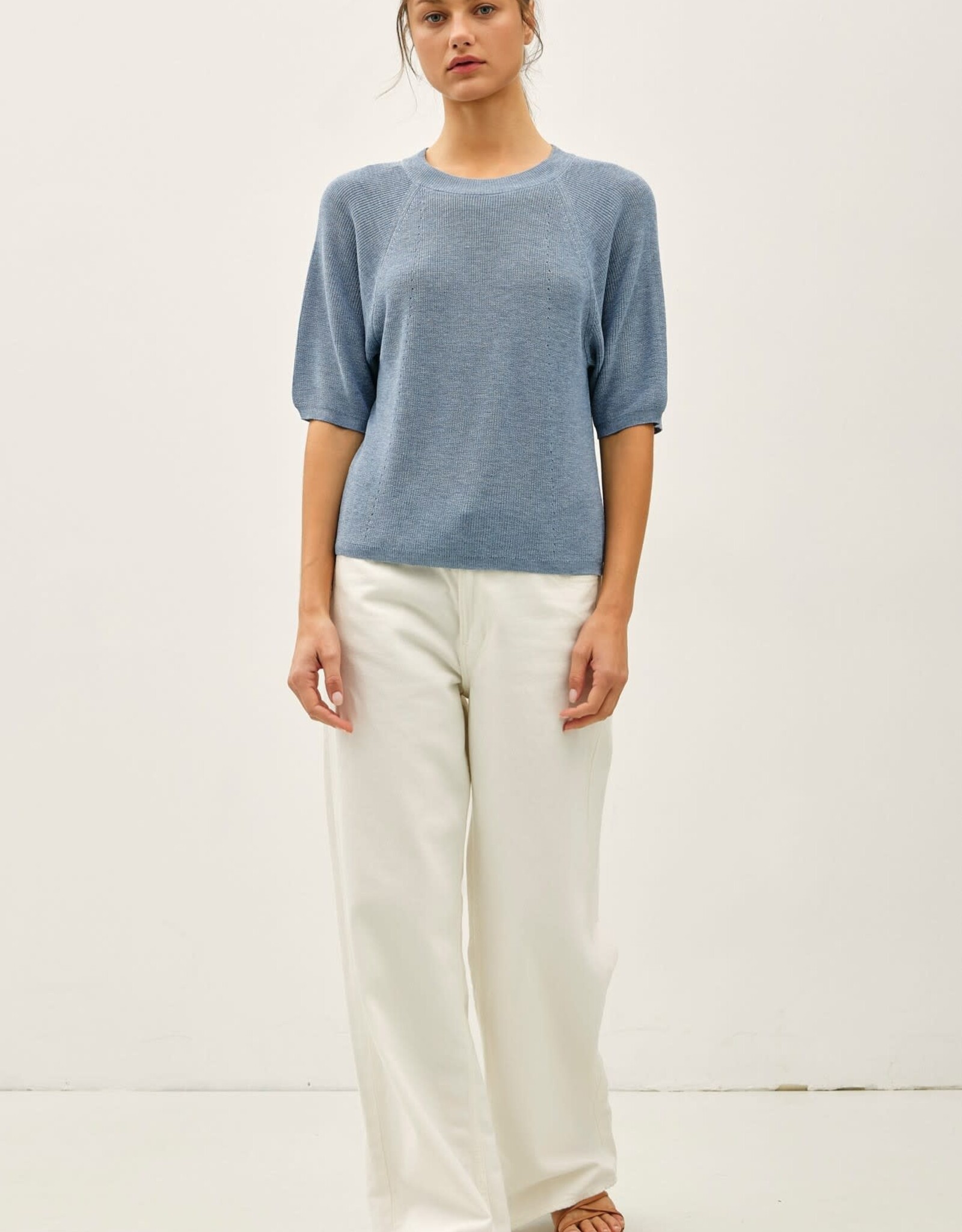 Miss Bliss BC Ribbed Knit Raglan Short Sleeve Sweater Top- Slate Blue