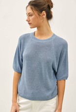 Miss Bliss BC Ribbed Knit Raglan Short Sleeve Sweater Top- Slate Blue