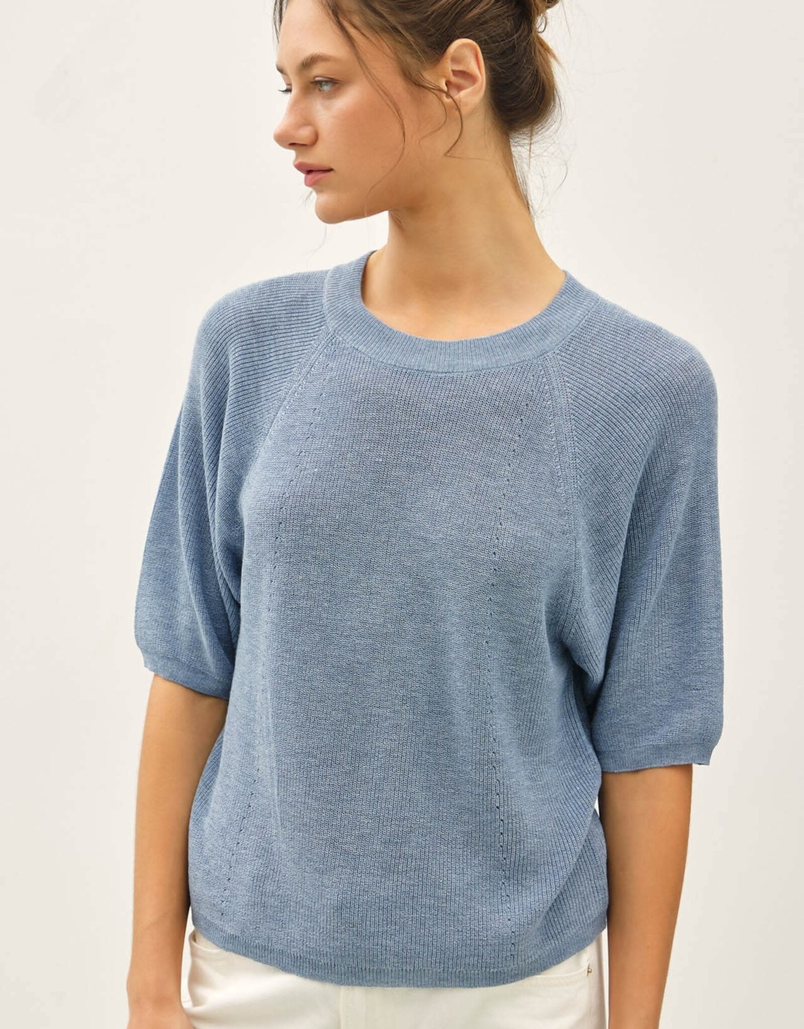 Miss Bliss BC Ribbed Knit Raglan Short Sleeve Sweater Top- Slate Blue