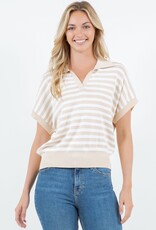 Miss Bliss Dream Striped Short Sleeved Polo Top-Taupe