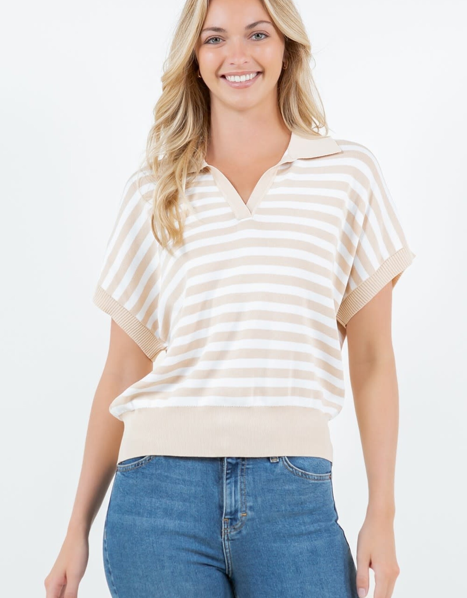 Miss Bliss Dream Striped Short Sleeved Polo Top-Taupe