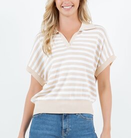 Miss Bliss Dream Striped Short Sleeved Polo Top-Taupe