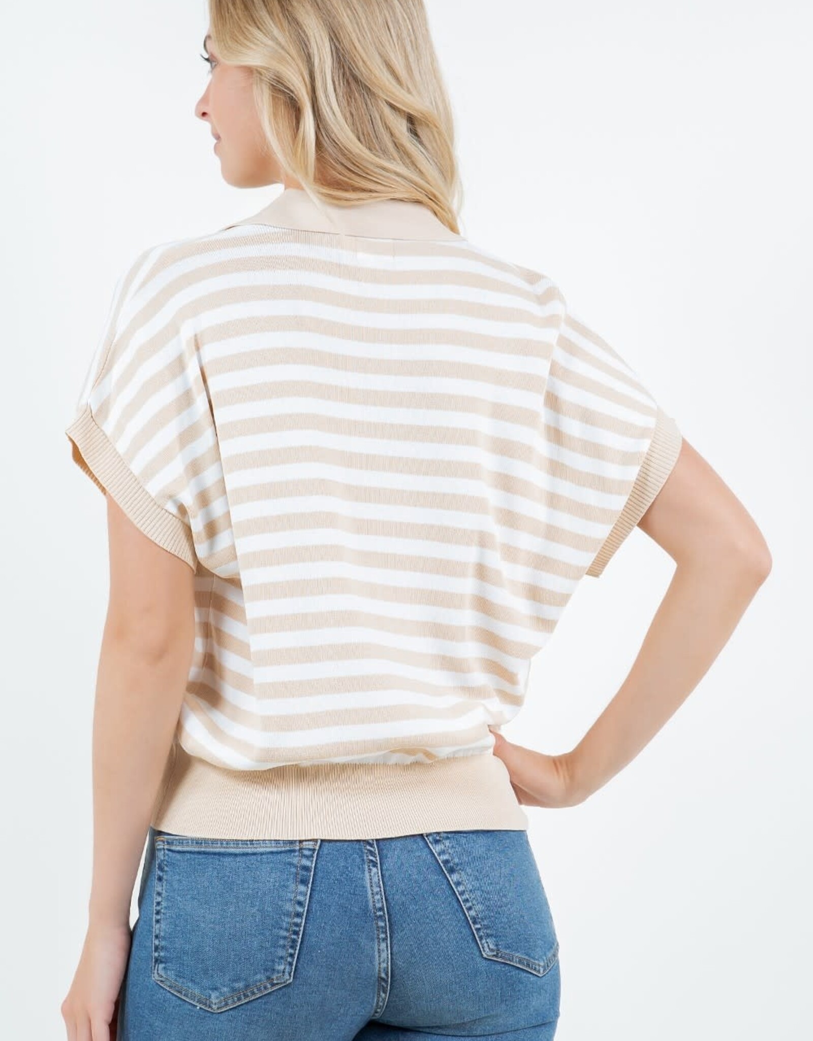 Miss Bliss Dream Striped Short Sleeved Polo Top-Taupe
