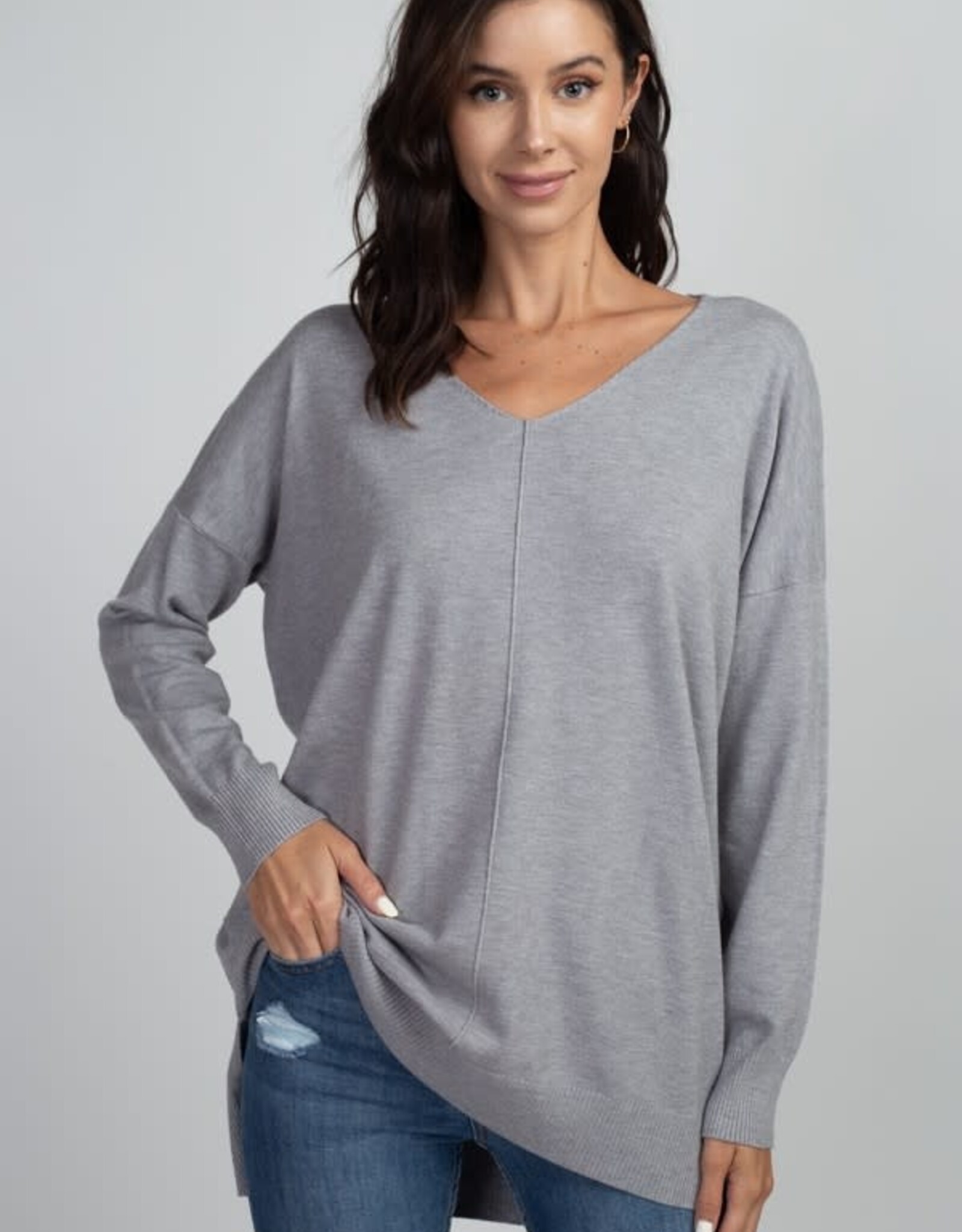Miss Bliss Dream LS V Neck W/ Center Seam Detail- Heather Grey
