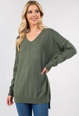 Miss Bliss Dream Long V-neck Sweater With Front Seam- Moss