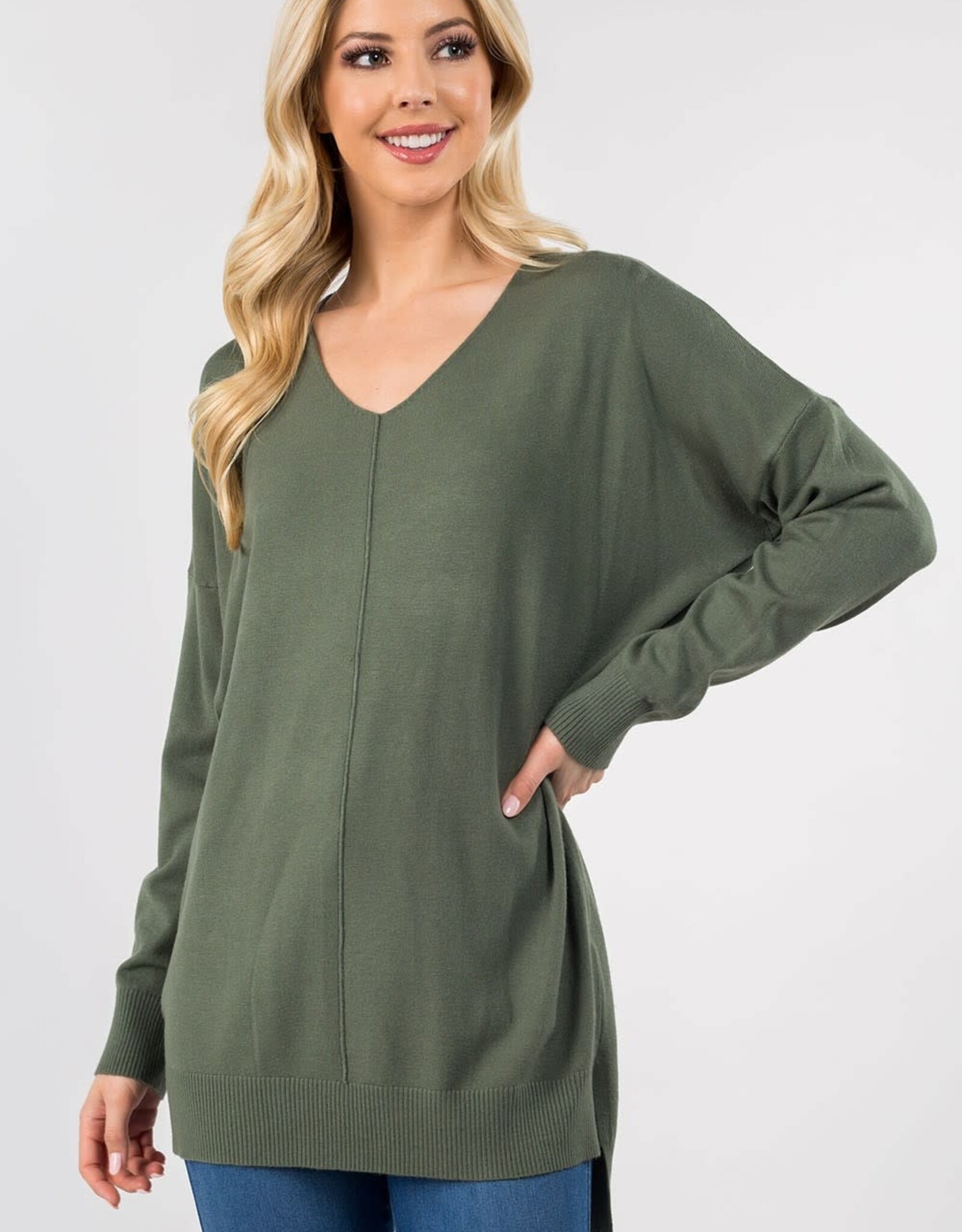 Miss Bliss Dream Long V-neck Sweater With Front Seam- Moss