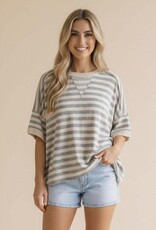 Miss Bliss Hap Crew Neck Loose Stripe Pullover Knit Top-Grey/Tpe