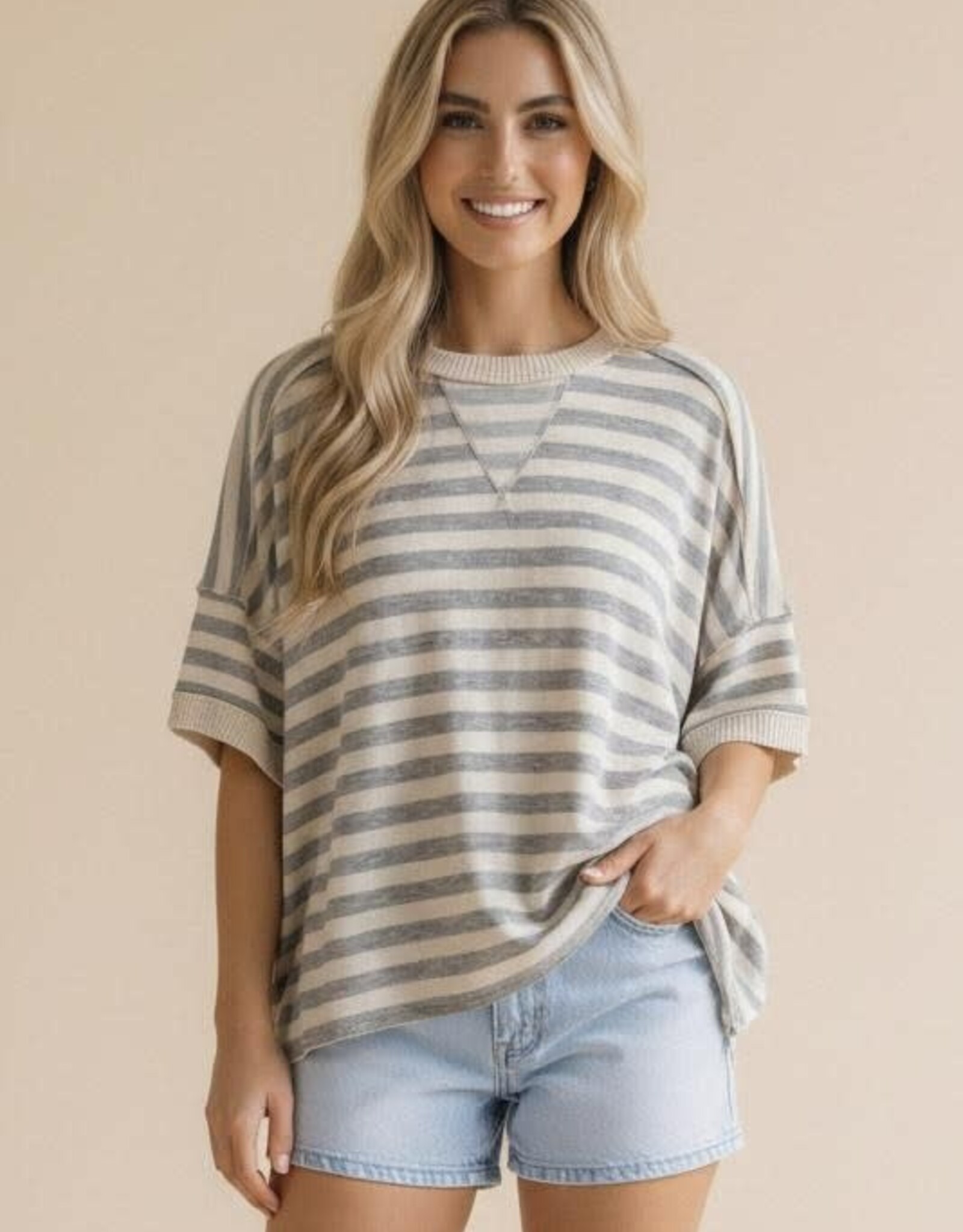 Miss Bliss Hap Crew Neck Loose Stripe Pullover Knit Top-Grey/Tpe