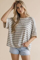 Miss Bliss Hap Crew Neck Loose Stripe Pullover Knit Top-Grey/Tpe