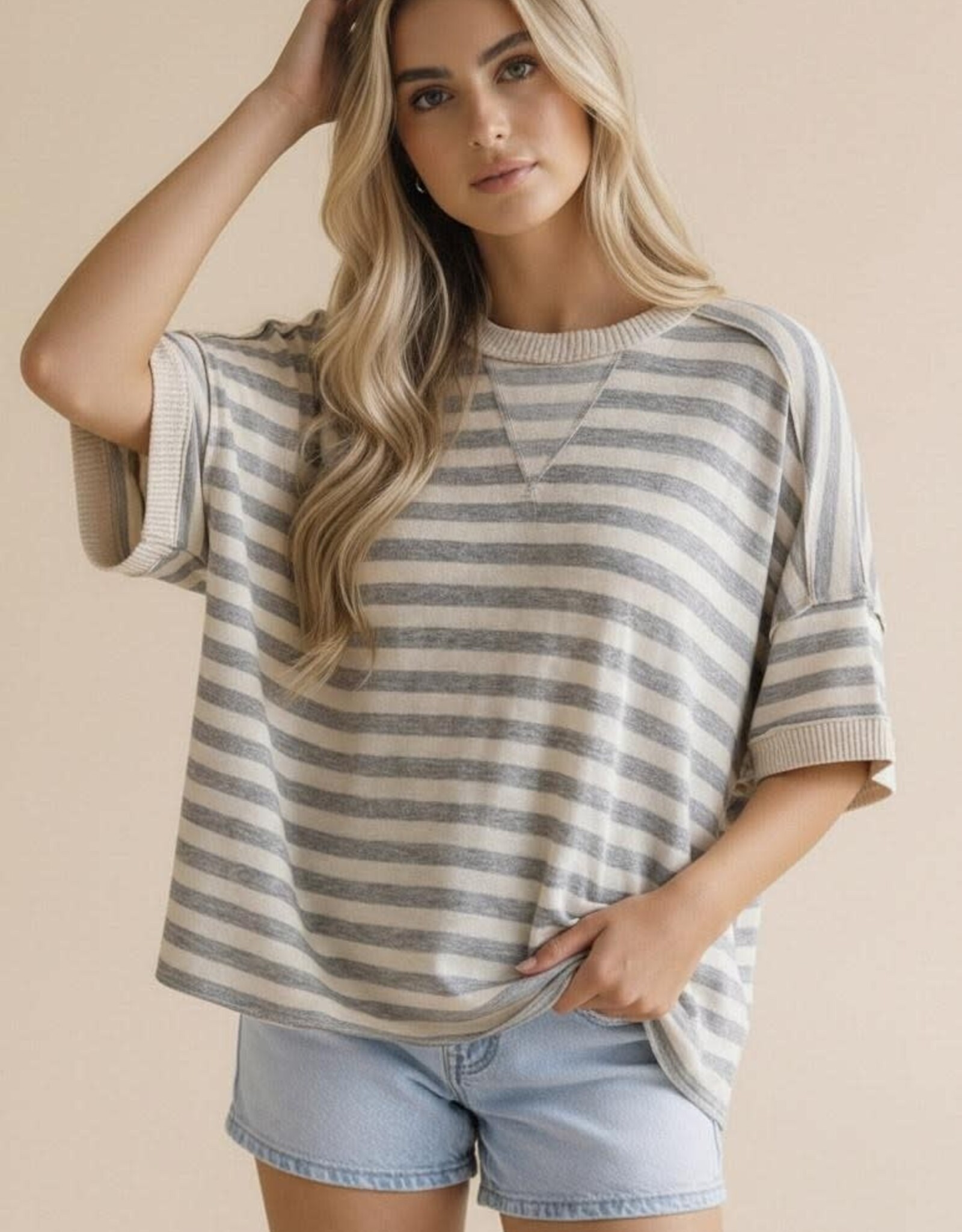 Miss Bliss Hap Crew Neck Loose Stripe Pullover Knit Top-Grey/Tpe