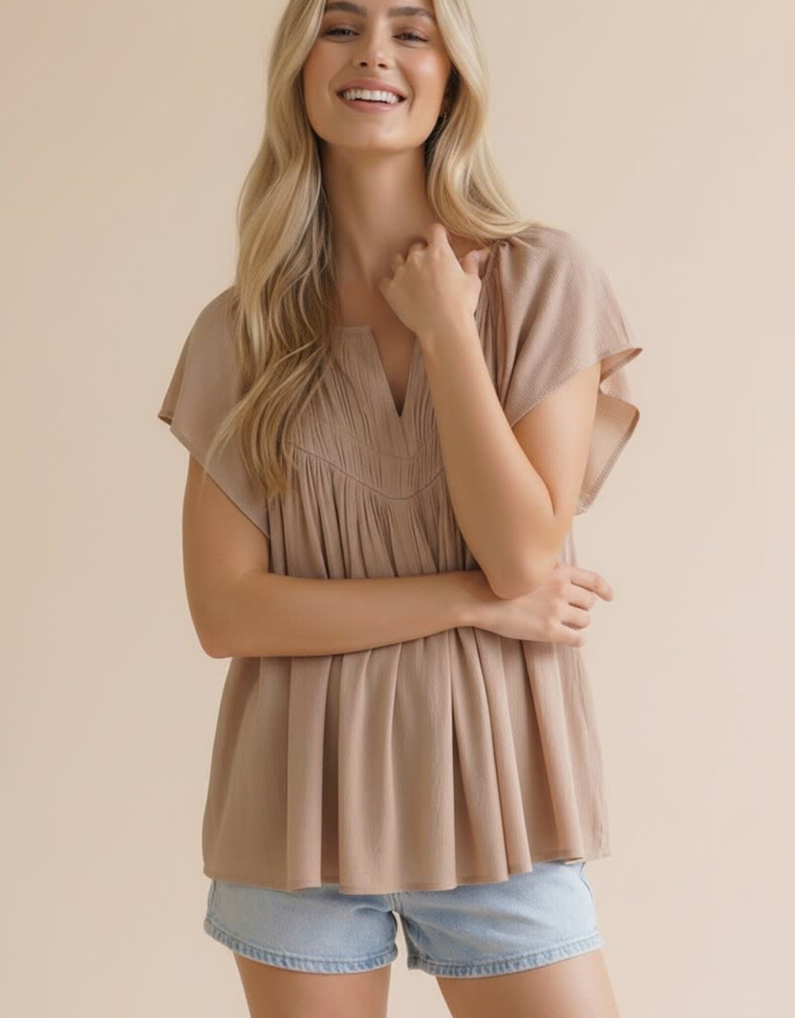 Miss Bliss Hap Notch Neck Raglan Yoke Blouse-Taupe