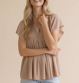 Miss Bliss Notch Neck Raglan Yoke Blouse-Taupe