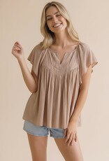 Miss Bliss Hap Notch Neck Raglan Yoke Blouse-Taupe