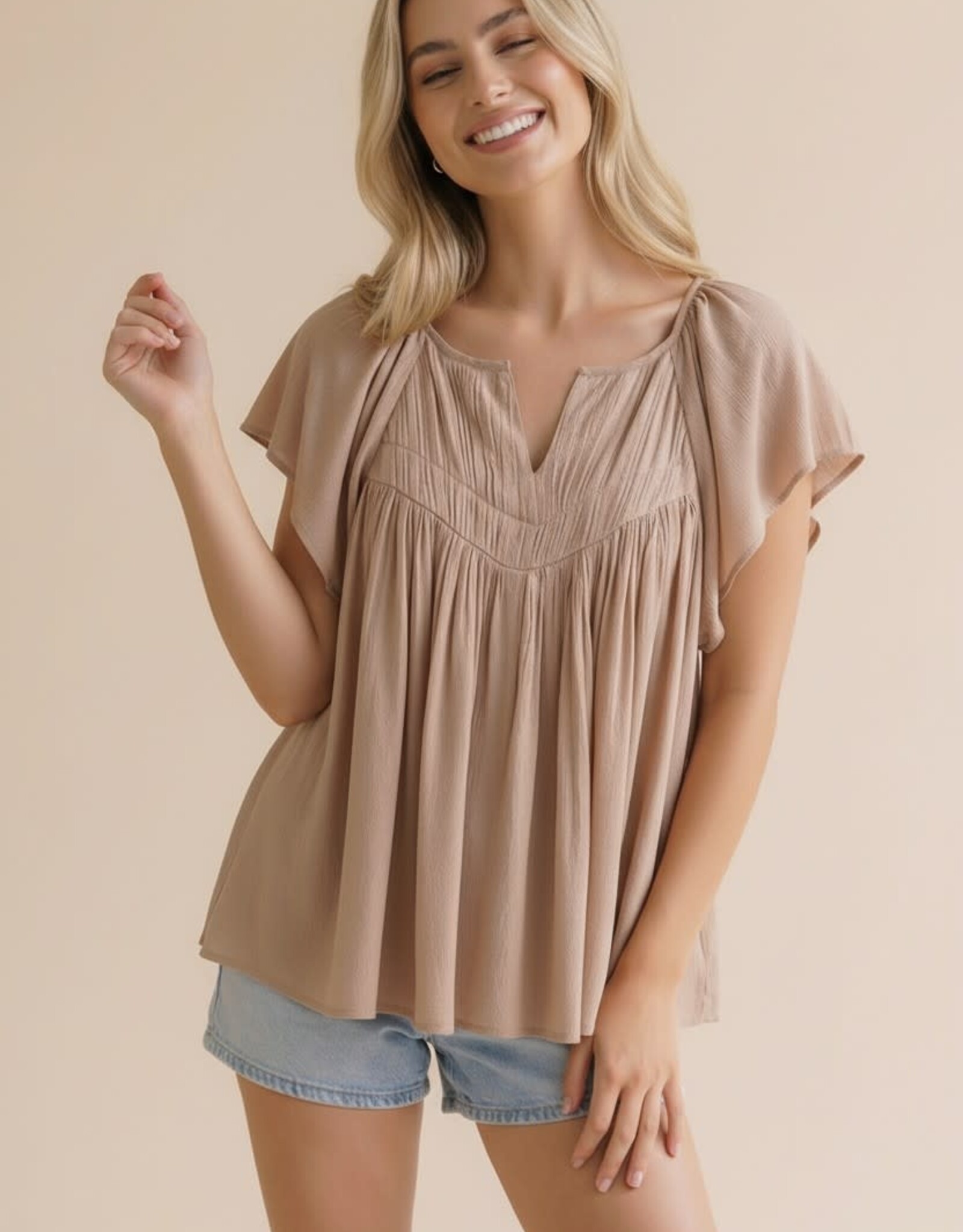 Miss Bliss Hap Notch Neck Raglan Yoke Blouse-Taupe