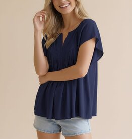 Miss Bliss Notch Neck Raglan Yoke Blouse-Navy