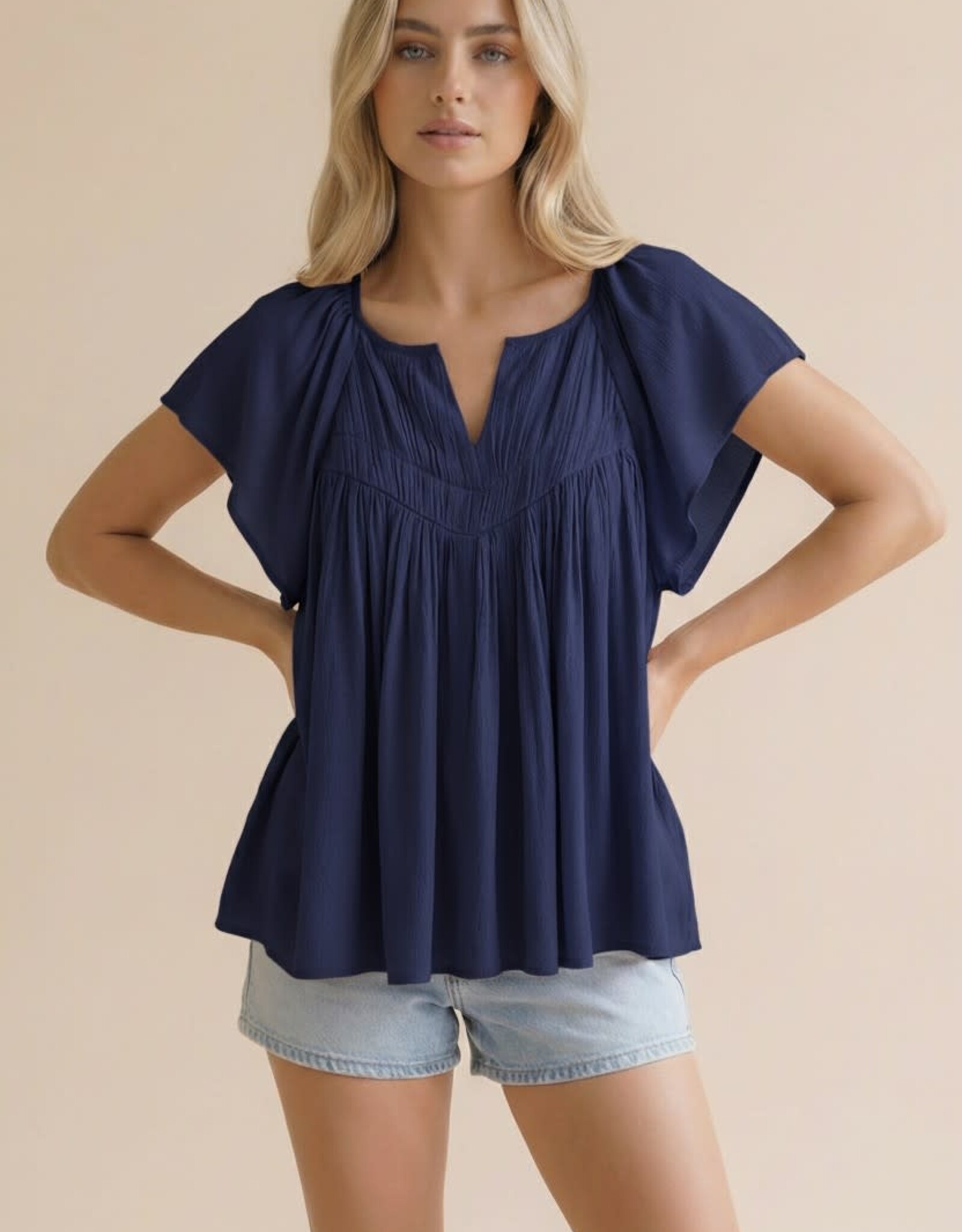 Miss Bliss Hap Notch Neck Raglan Yoke Blouse-Navy
