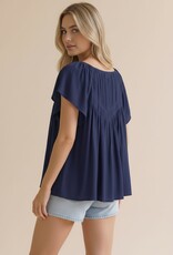 Miss Bliss Hap Notch Neck Raglan Yoke Blouse-Navy