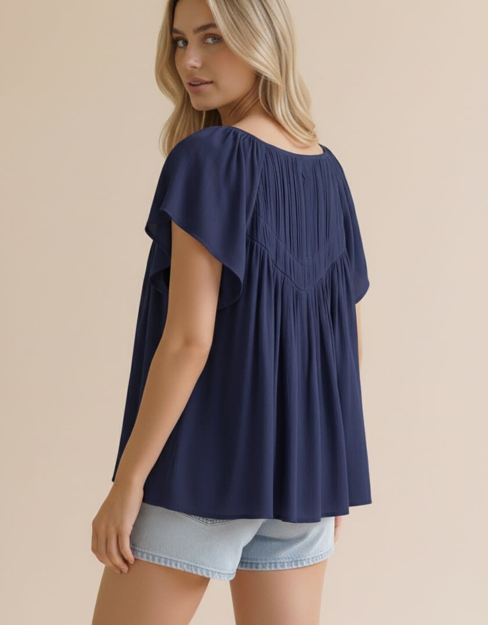 Miss Bliss Hap Notch Neck Raglan Yoke Blouse-Navy