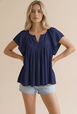 Miss Bliss Hap Notch Neck Raglan Yoke Blouse-Navy