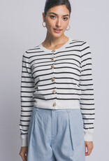 Miss Bliss LT Striped Cardigan W/Gold Floral Button-White
