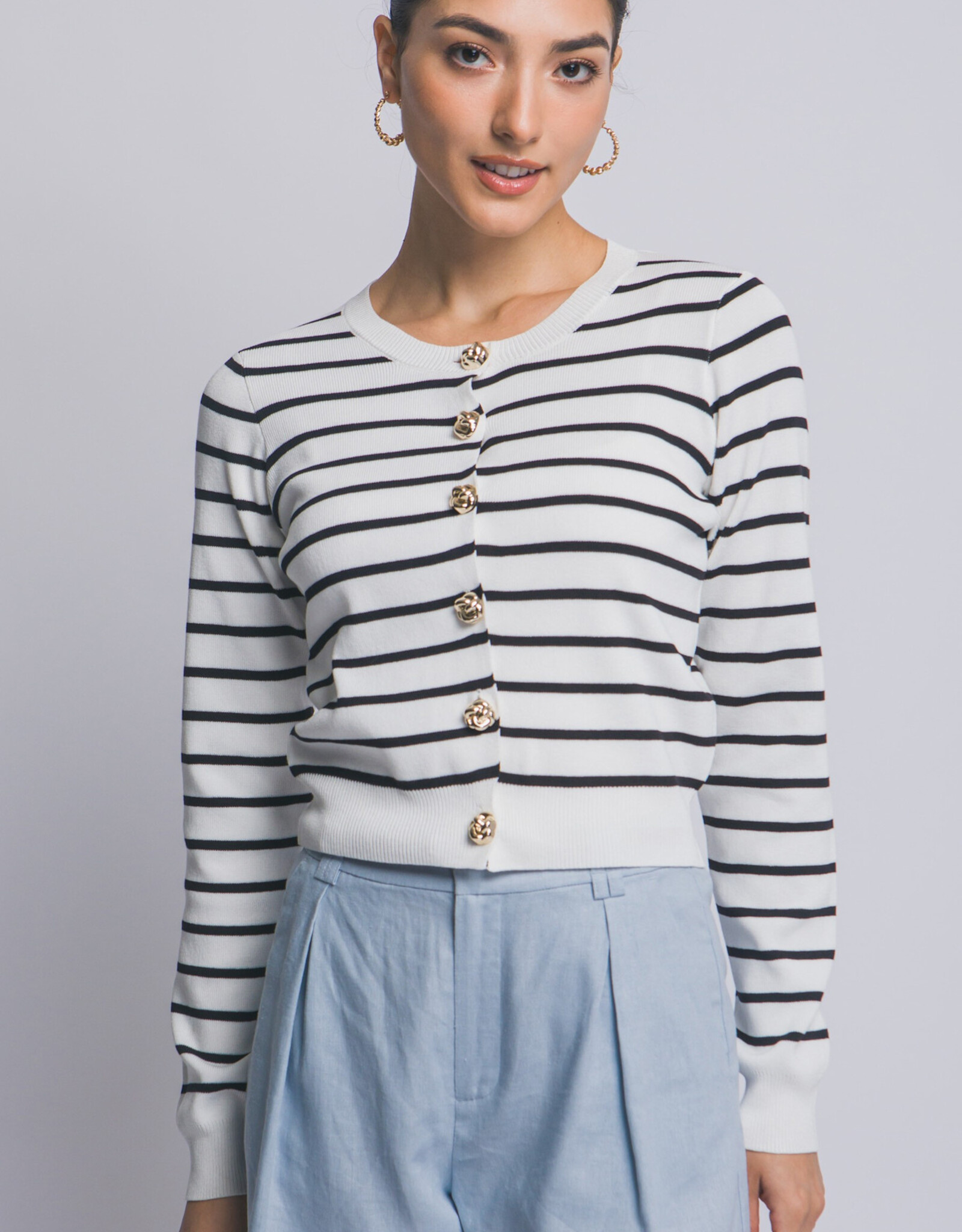 Miss Bliss LT Striped Cardigan W/Gold Floral Button-White
