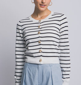 Miss Bliss Striped Cardigan W/Gold Floral Button-White