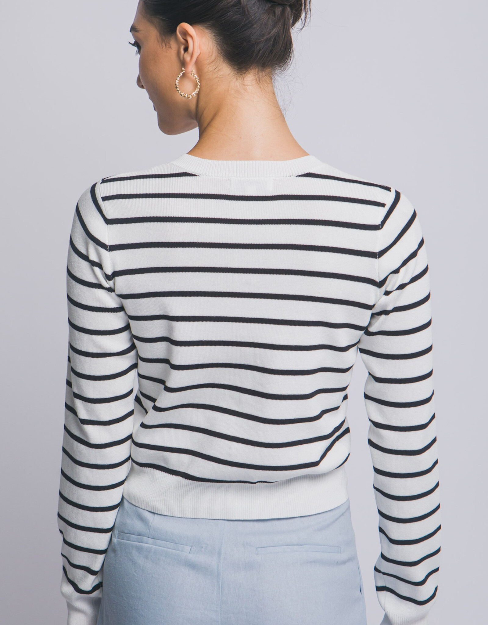 Miss Bliss LT Striped Cardigan W/Gold Floral Button-White