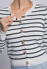 Miss Bliss LT Striped Cardigan W/Gold Floral Button-White