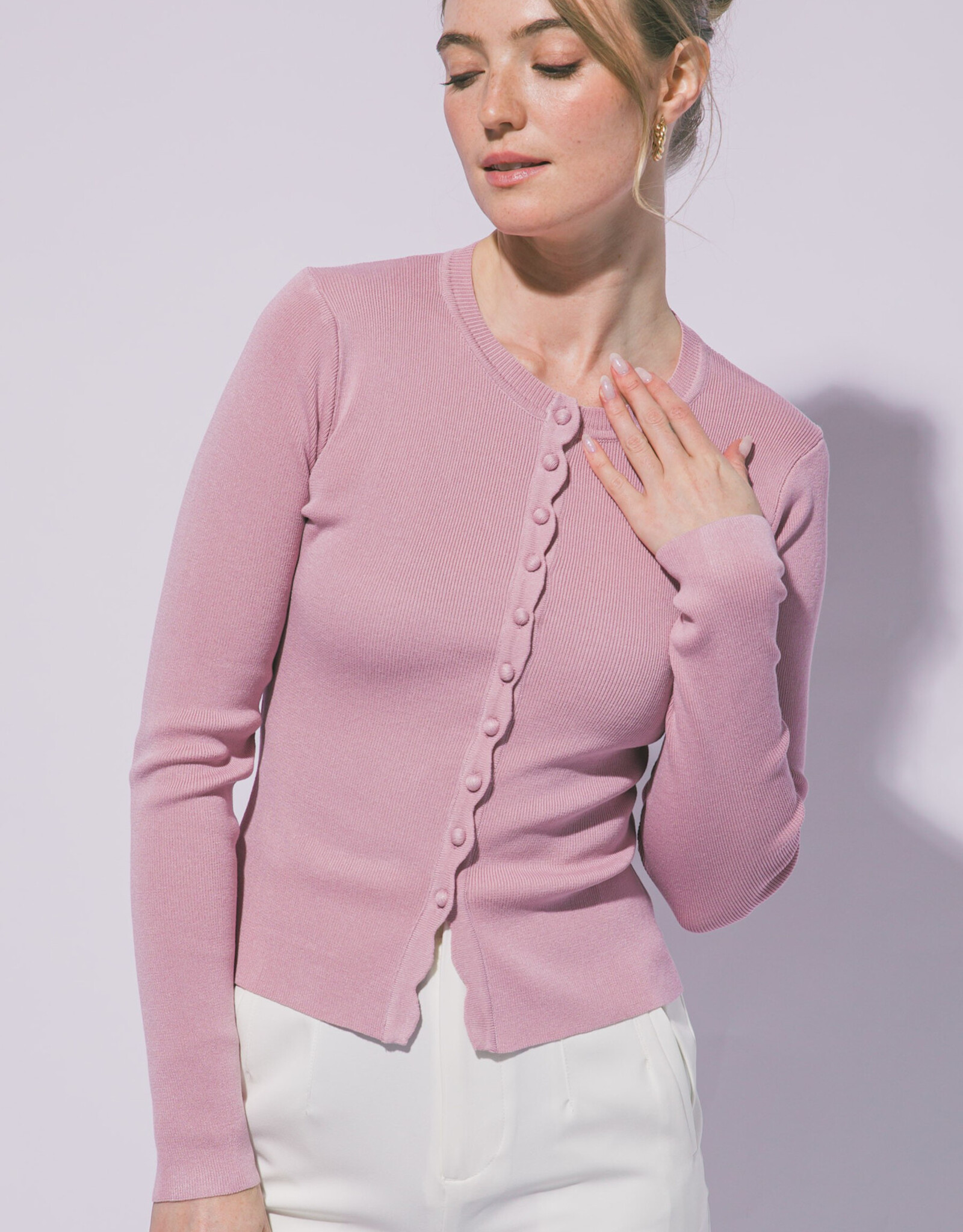 Miss Bliss LT Fitted Button Up Sweater Cardigan-Pink Stone