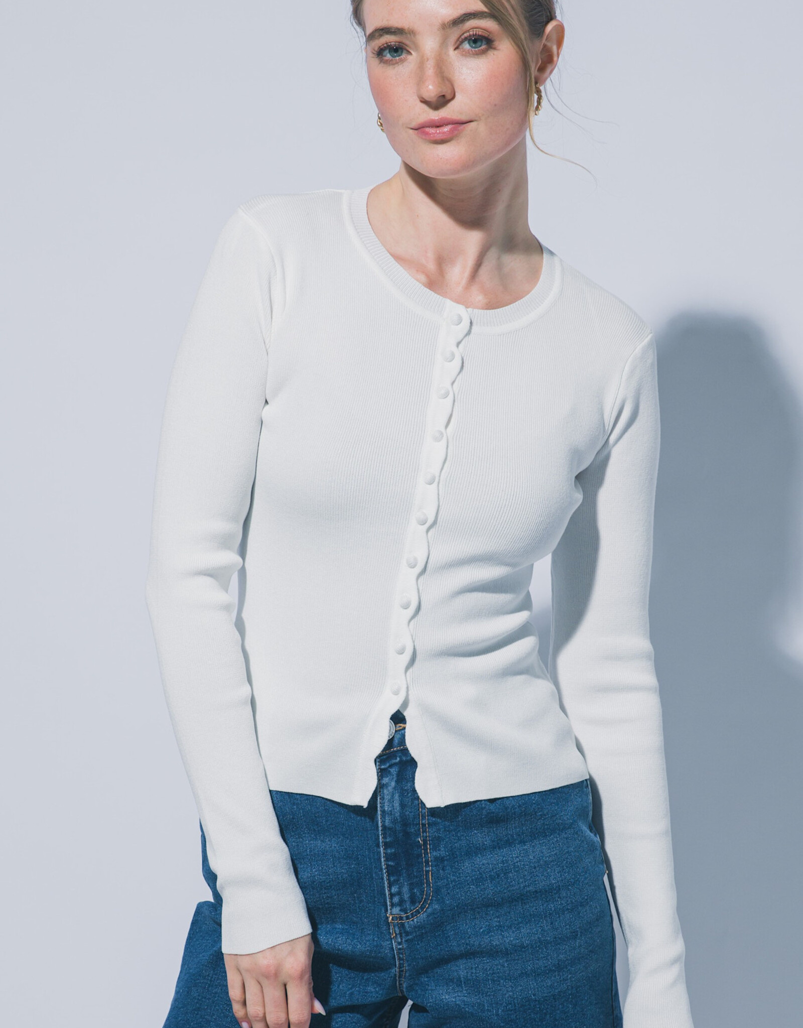 Miss Bliss LT Fitted Button Up Sweater Cardigan-White