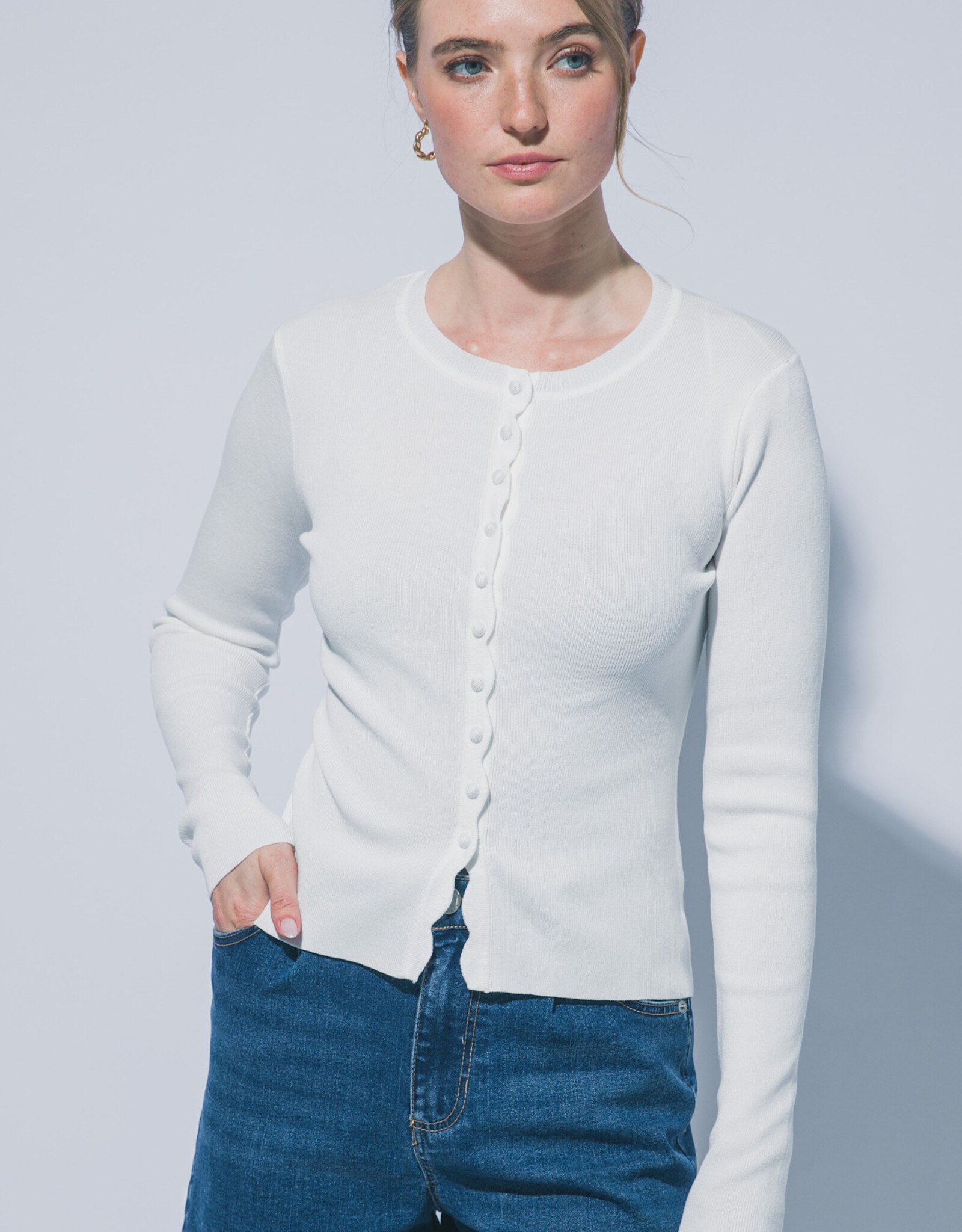 Miss Bliss LT Fitted Button Up Sweater Cardigan-White