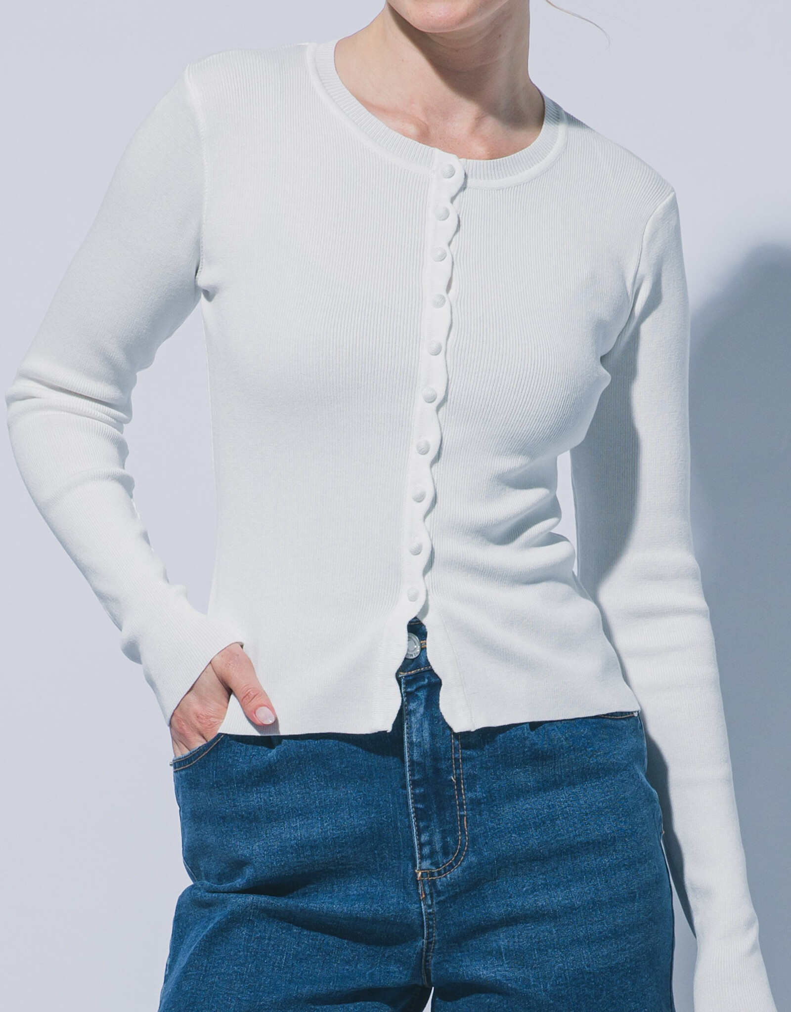 Miss Bliss LT Fitted Button Up Sweater Cardigan-White