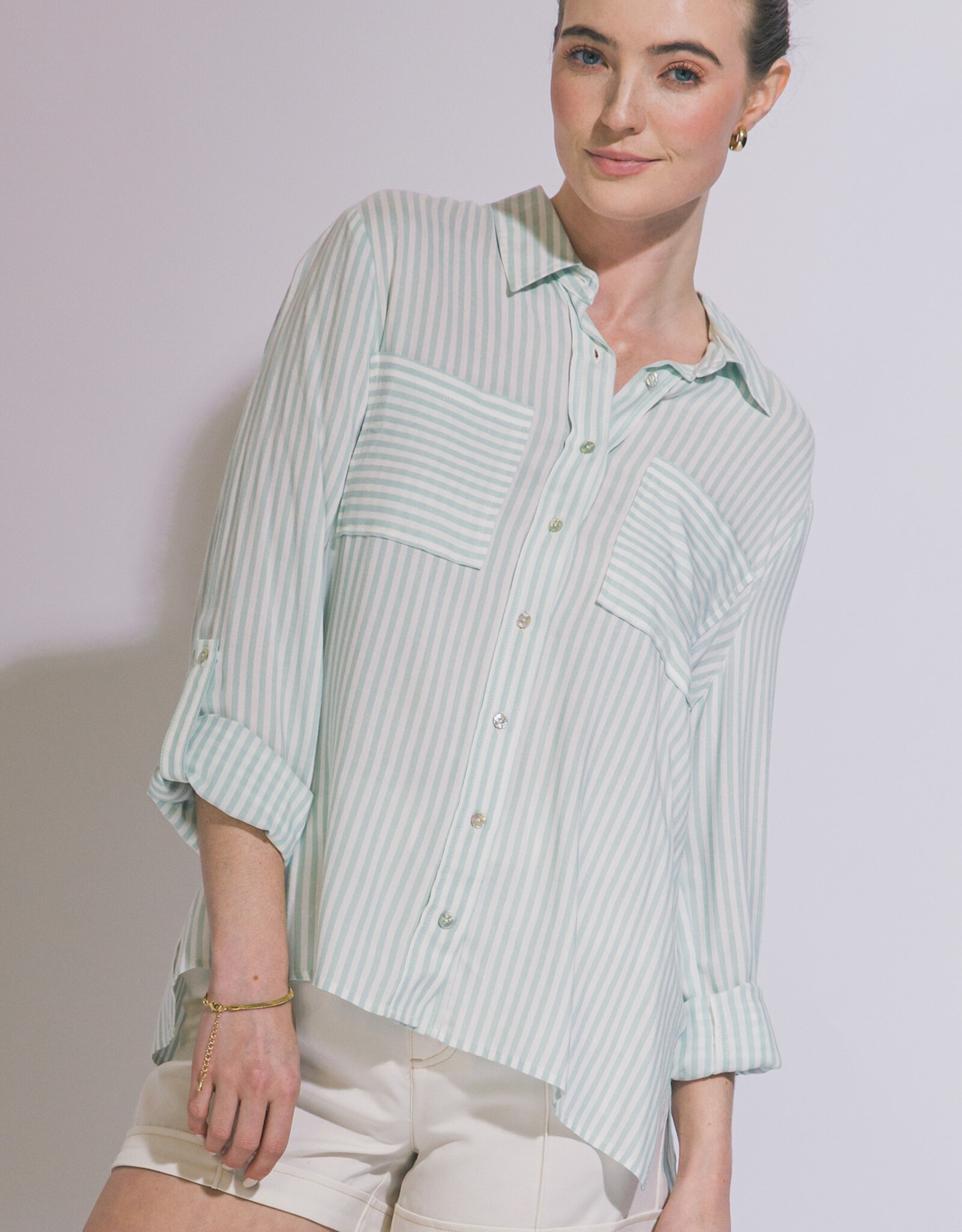 Miss Bliss LT Striped Roll Up LS Button Down Shirt-Mint