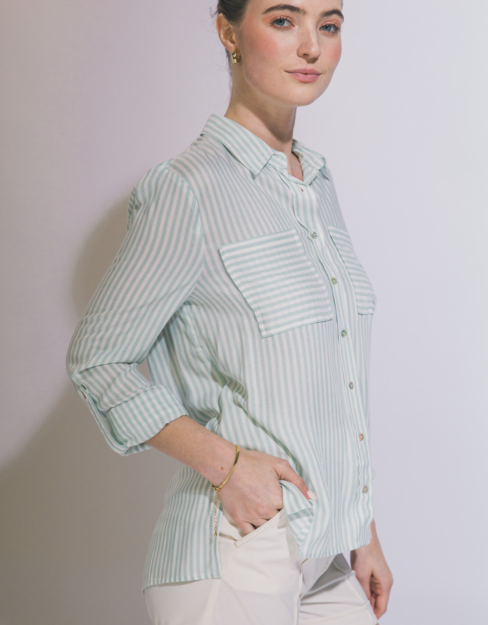 Miss Bliss LT Striped Roll Up LS Button Down Shirt-Mint