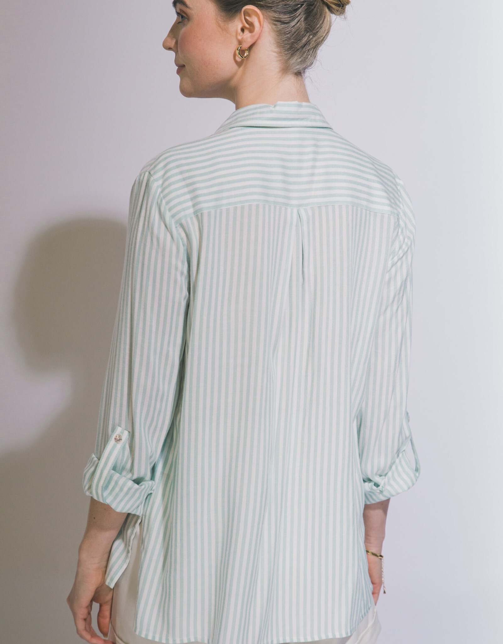 Miss Bliss LT Striped Roll Up LS Button Down Shirt-Mint