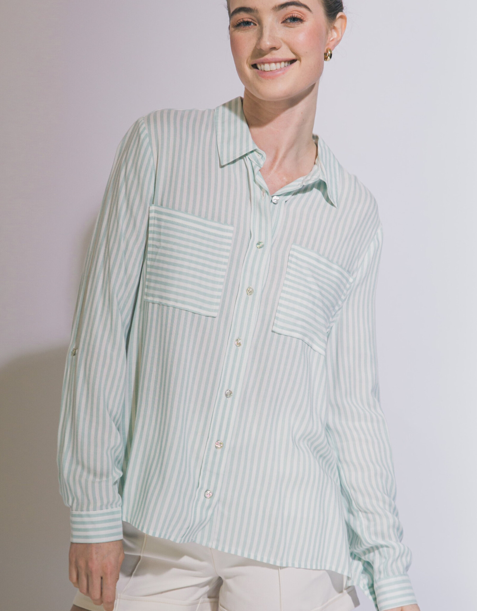 Miss Bliss LT Striped Roll Up LS Button Down Shirt-Mint