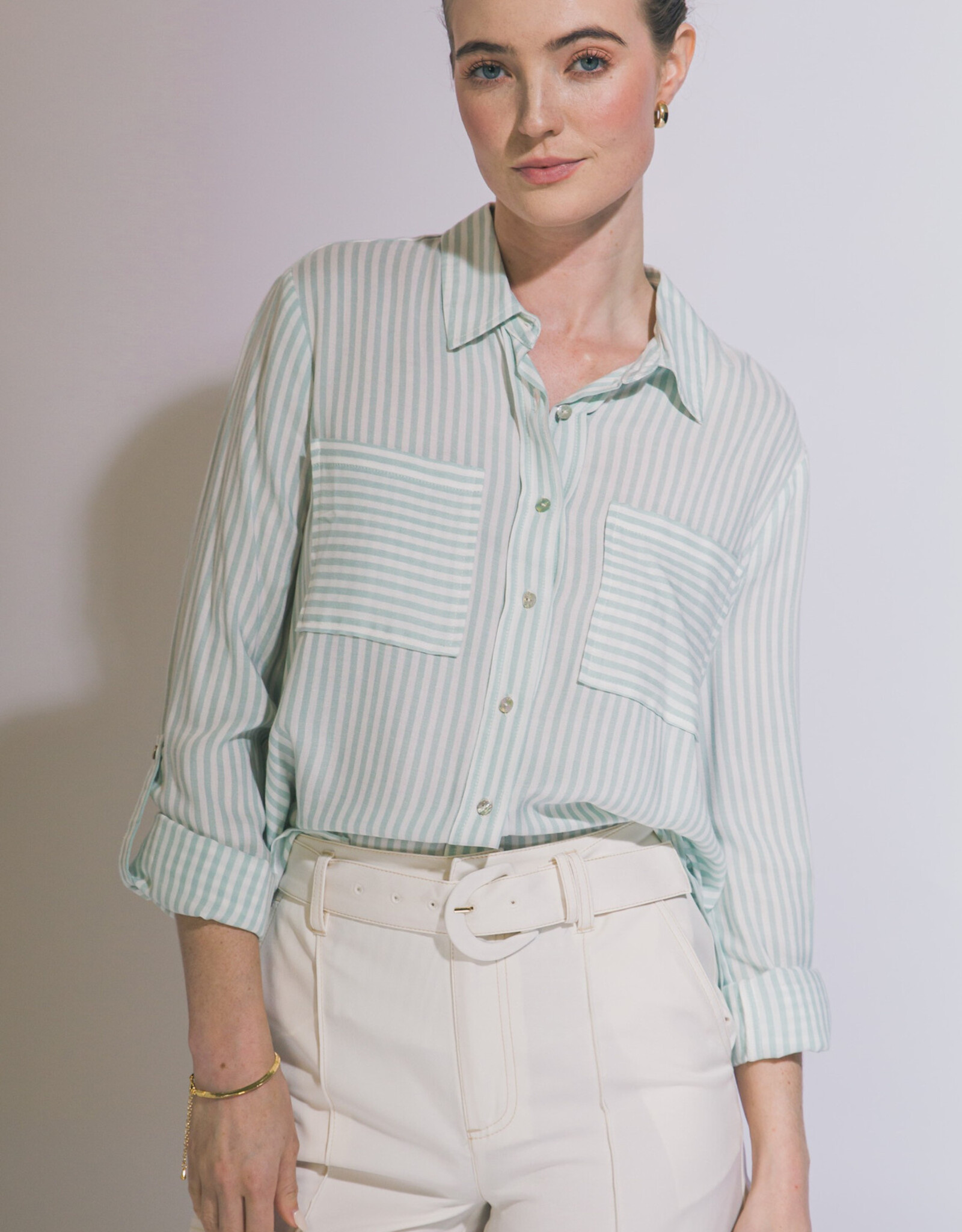 Miss Bliss LT Striped Roll Up LS Button Down Shirt-Mint