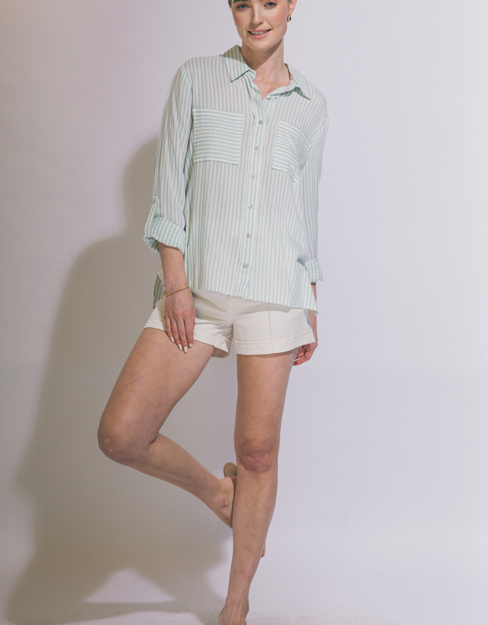 Miss Bliss LT Striped Roll Up LS Button Down Shirt-Mint